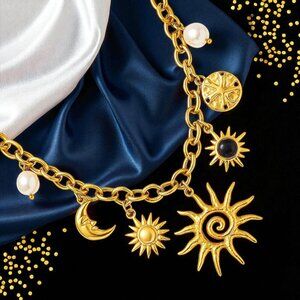 Boho Celestial 18K Gold Plated Sun Moon Charm Necklace 316L Stainless Steel